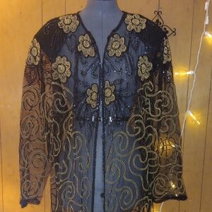 Sheer Black Beaded Floral Jacket with Gold Embroidery and Padded Shoulders.